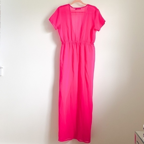 Boohoo Sheer Deep V Neck Pink Short Sleeved Swim Cover Up - Picture 7 of 7